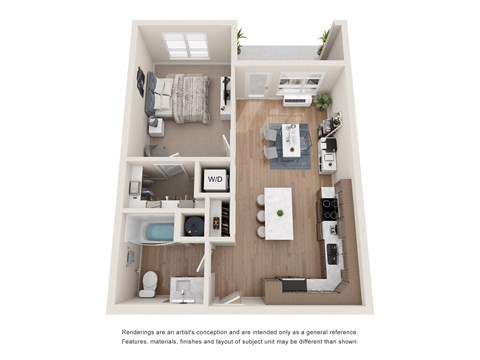 Floor plan for 1 bed, 1 bath, 629 sqft